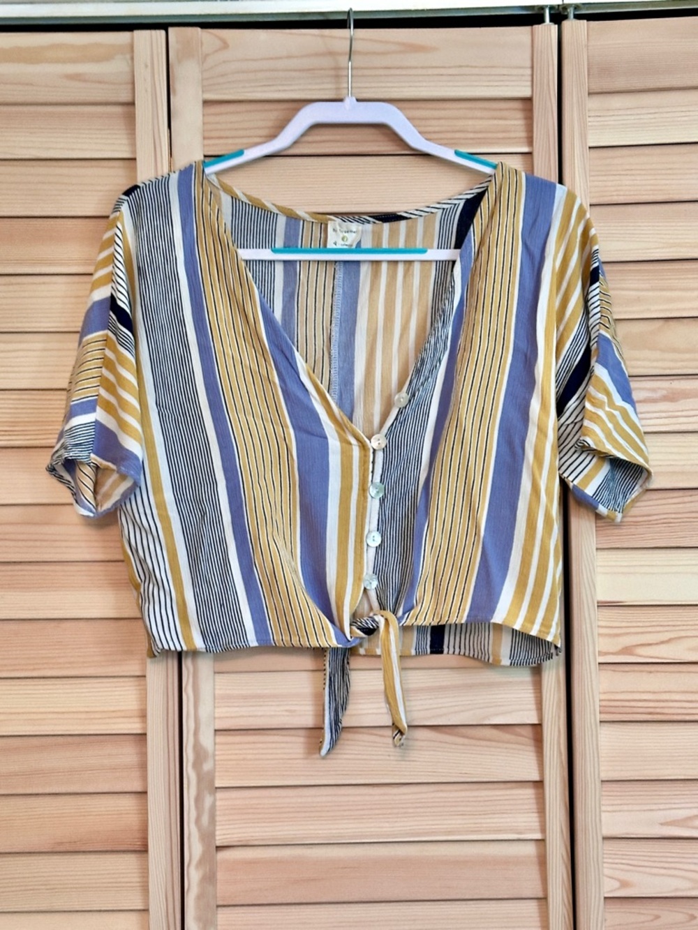 By Together Striped Tie-Front Crop Top Small Yellow‎ Blue Festival